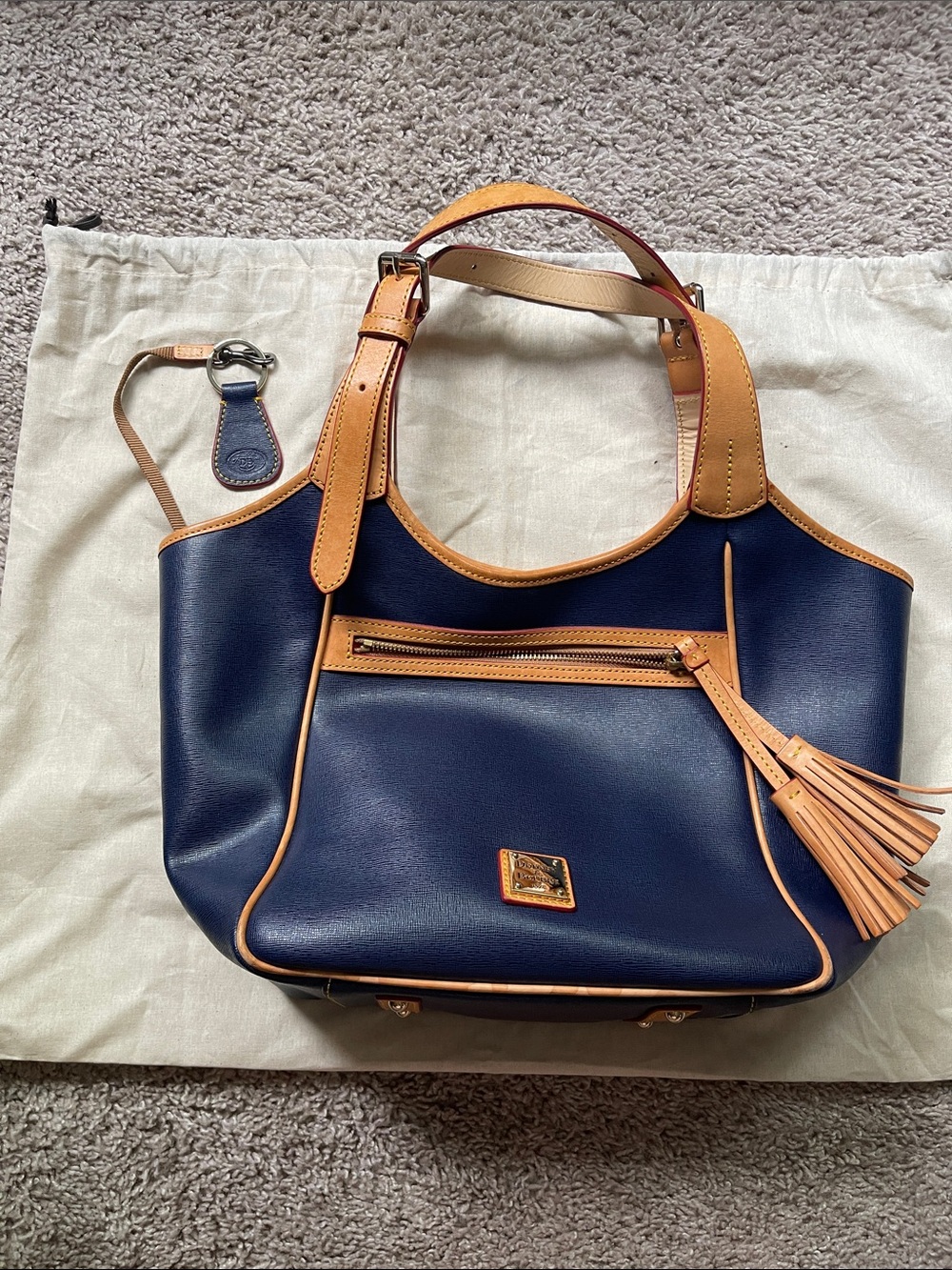 Dooney & Bourke Navy Leather Tote with Tan Trim and Tassel